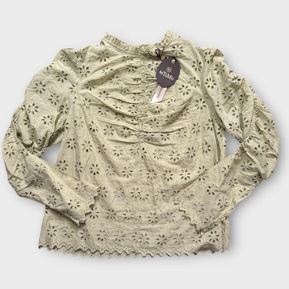 BY TIMO NEW GREEN RUFFLED RUCHING BLOUSE BOHO EYELET EMBROIDERY LONG SLEEVE XL - Picture 1 of 9